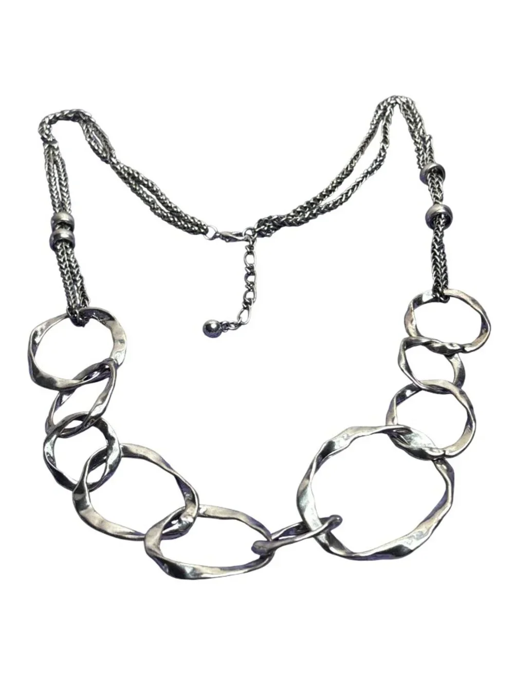 Chunky Silvertone Textured Necklace Double Chain Statement 34 - 37 inches Long